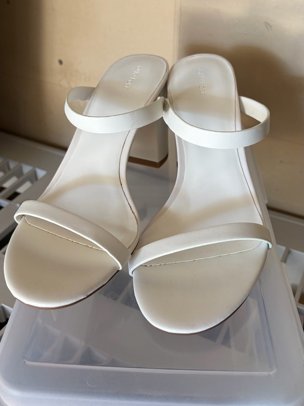OAK + FORT White Minimal Double-Strap Block Heel Sandals